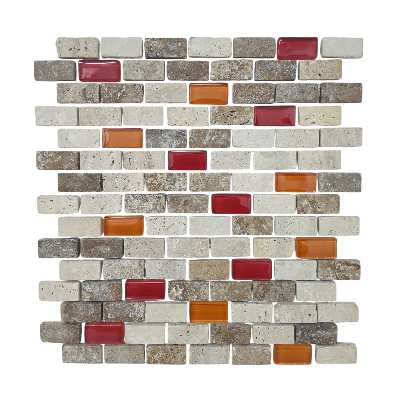 FACHIA MALLA TRAVERTINO 2X4 MURO MIX VIDRIO ROJO Y NARANJA X UNID.