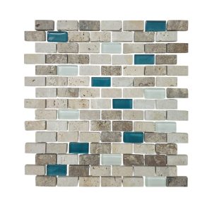 FACHIA MALLA TRAVERTINO 2X4 MURO MIX VIDRIO CELESTE Y BLANCO X UN