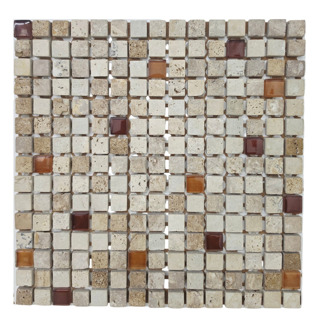 FACHIA 30X30 MALLA 2X2 TRAVERTINO MIX VIDRIO MARRON HABANO X UN.