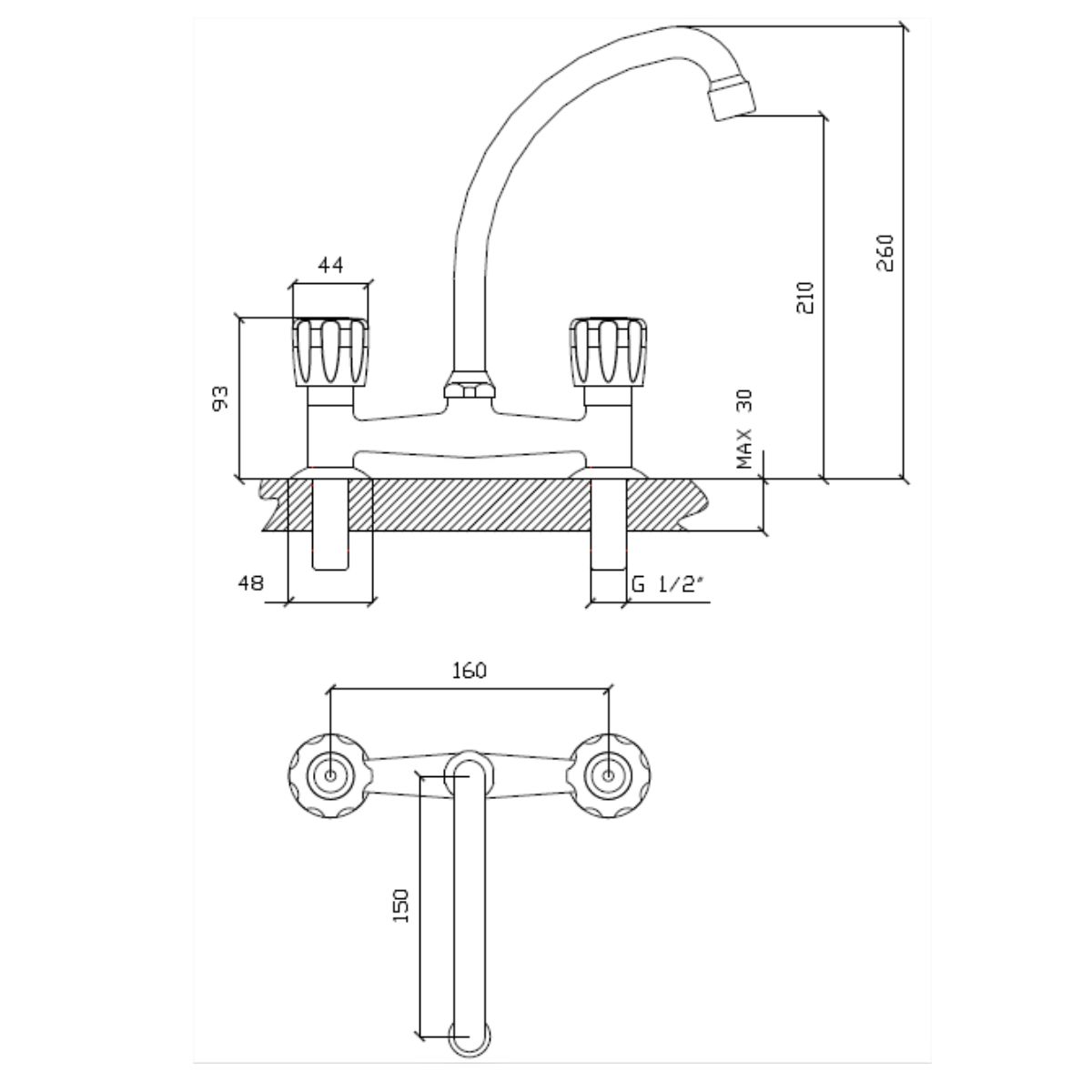 CANILLA DE COCINA DOBLE LLAVE SOBREMESADA AQUALAF AQ6000 5001 CR. - Image 2