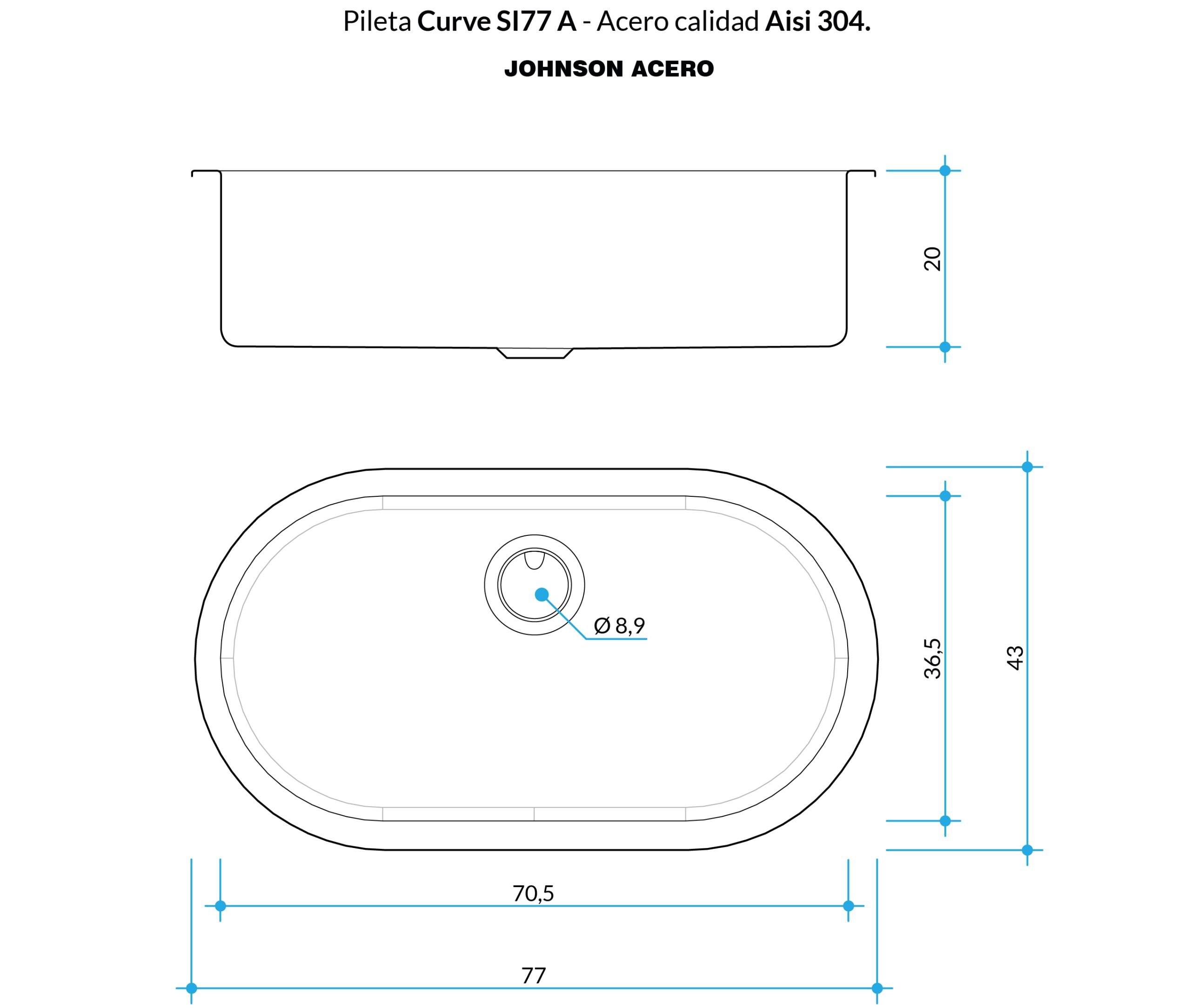 JOHNSON CURVE SI77A PILETA 304 77X43X20 - Imagen 2