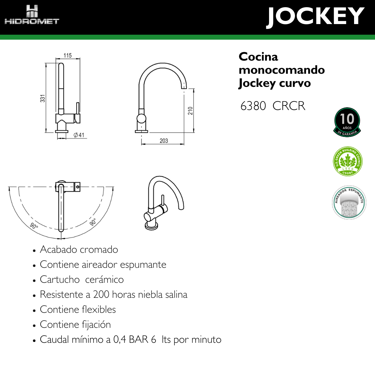 HIDROMET 6380 JOCKEY MONOC. COCINA PICO CURVO CROMO - Imagen 2