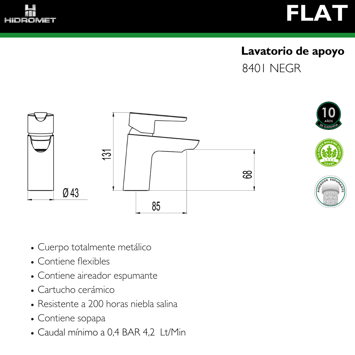 HIDROMET 8401NEGR FLAT LAVATORIO MONOCOMANDO BLACK - Imagen 2