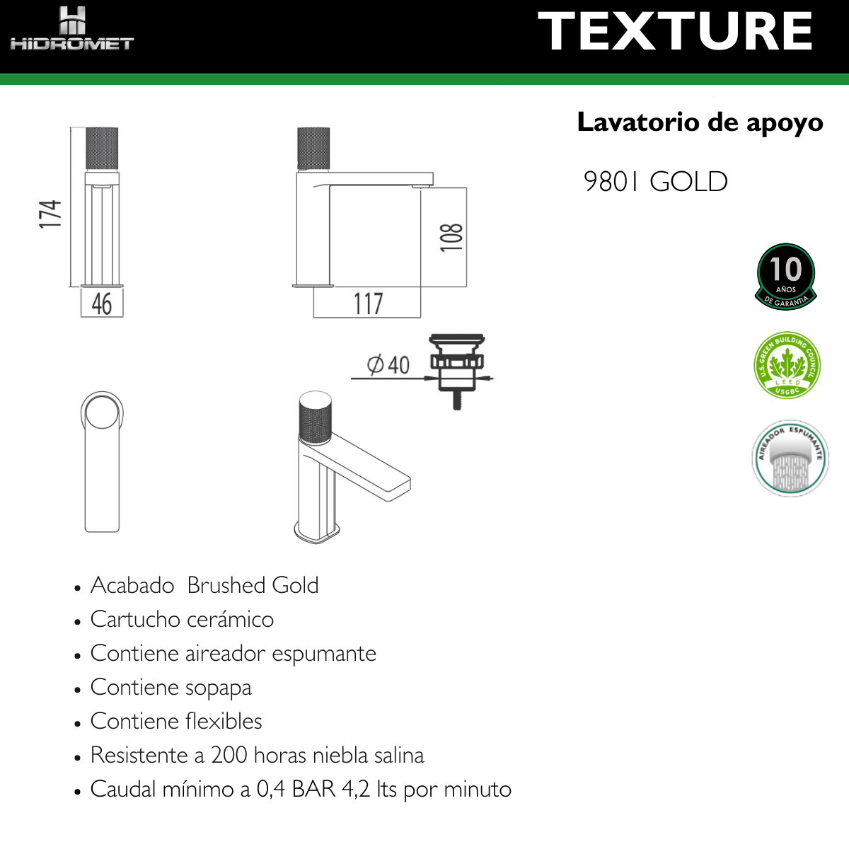 HIDROMET 9801GOLD TEXTURE LAVATORIO MONOC. GOLD - Imagen 2