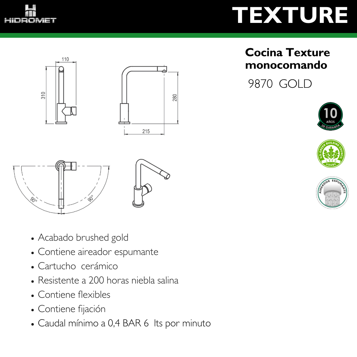 HIDROMET 9870GOLD TEXTURE MONOC. COCINA PICO RECTO GOLD - Imagen 2