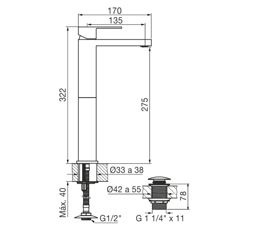 FV 181.02/85N DOMINIC NEW LAVATORIO ALTO MONOCOMANDO VESSEL NG (NEGRO) - Imagen 2